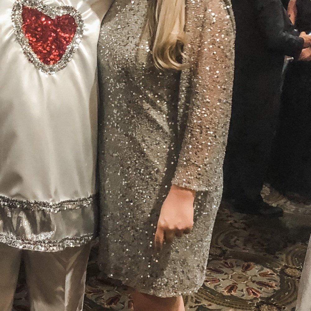 Sequin cocktail evening dress, long sleeve, backless detail